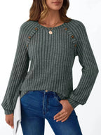 Ribbed Knit Decor Button Long Sleeve T-Shirt - Charmdeals