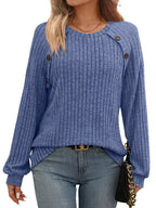 Ribbed Knit Decor Button Long Sleeve T-Shirt - Charmdeals