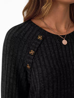 Ribbed Knit Decor Button Long Sleeve T-Shirt - Charmdeals