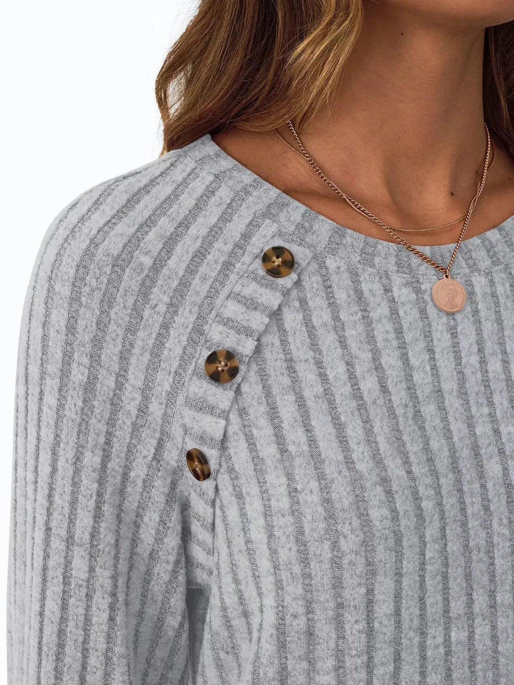 Ribbed Knit Decor Button Long Sleeve T-Shirt - Charmdeals