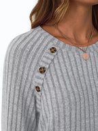 Ribbed Knit Decor Button Long Sleeve T-Shirt - Charmdeals