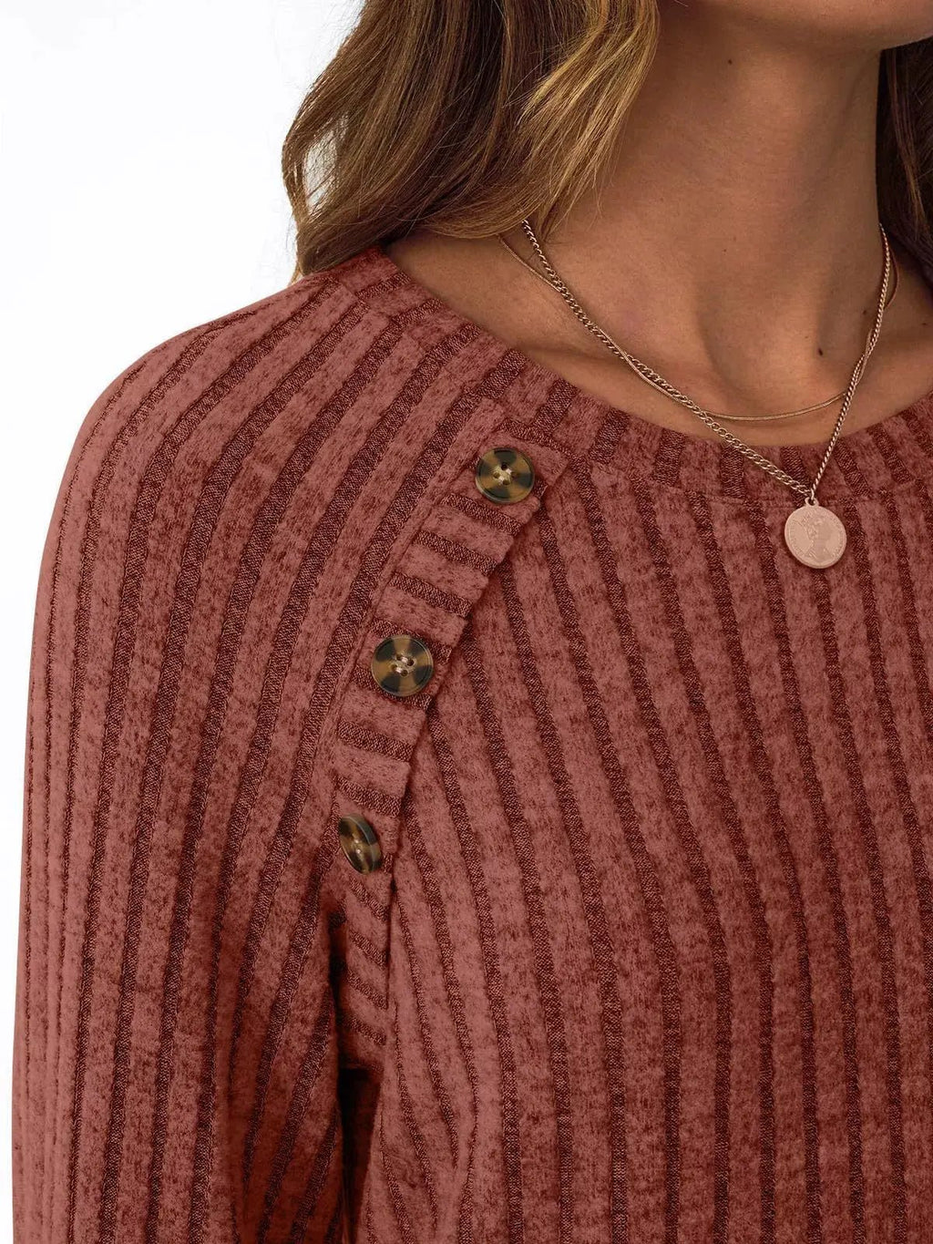 Ribbed Knit Decor Button Long Sleeve T-Shirt - Charmdeals