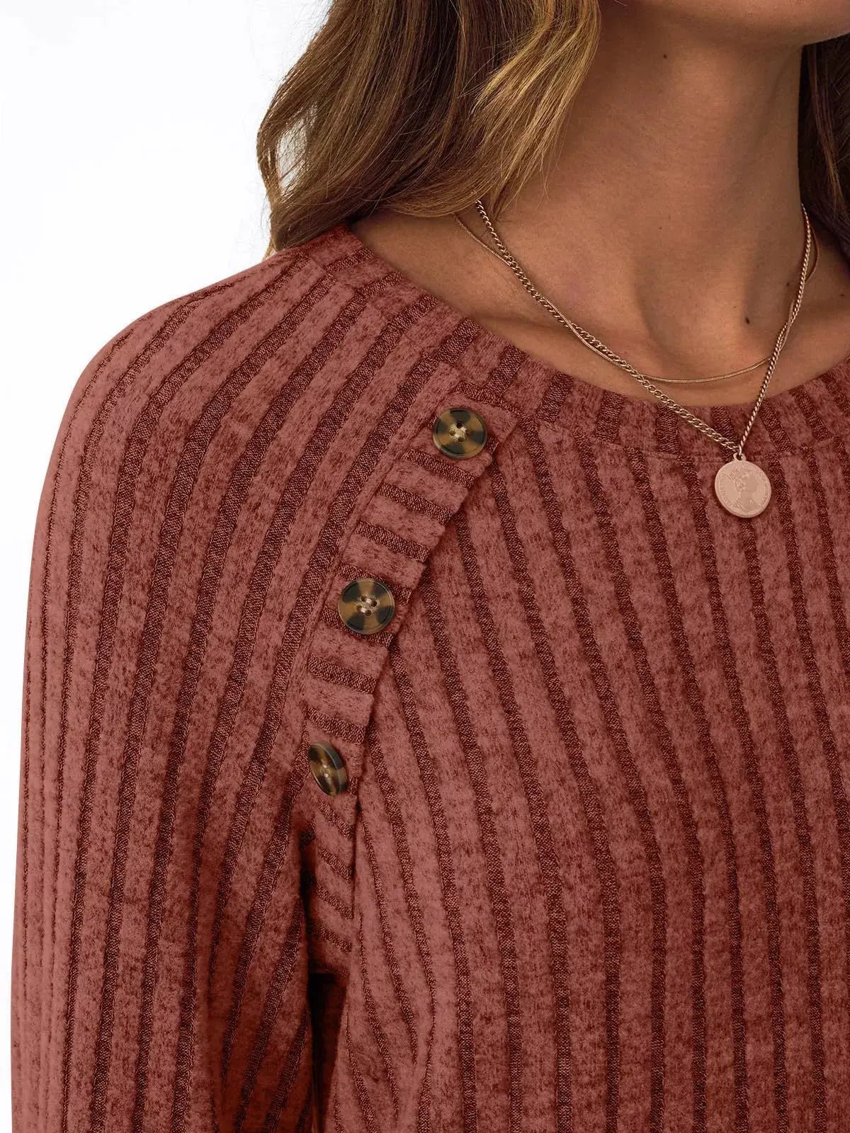 Ribbed Knit Decor Button Long Sleeve T-Shirt - Charmdeals