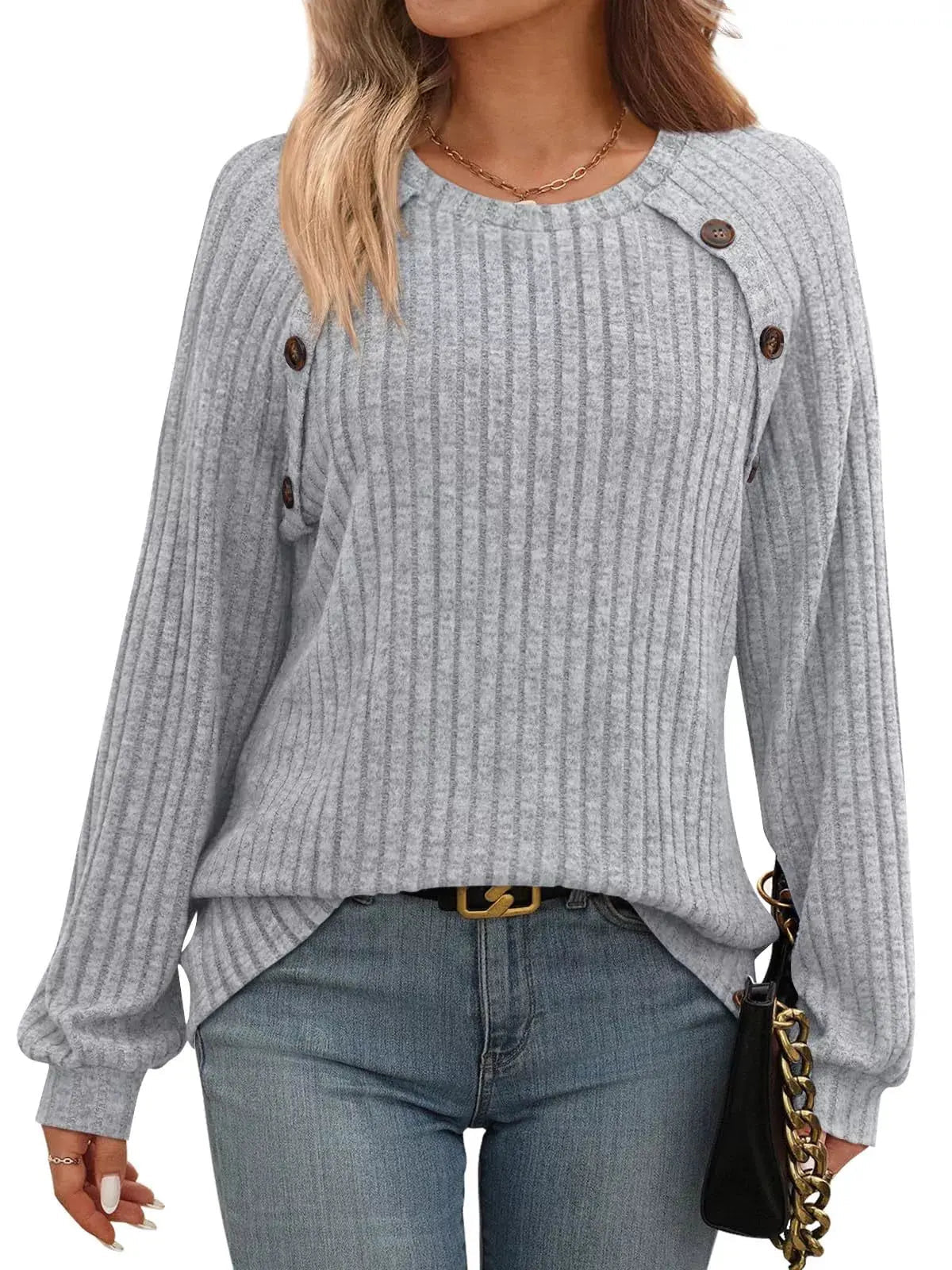 Ribbed Knit Decor Button Long Sleeve T-Shirt - Charmdeals