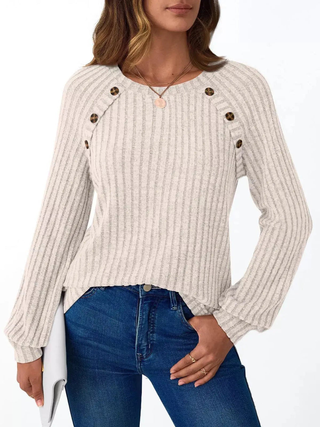 Ribbed Knit Decor Button Long Sleeve T-Shirt - Charmdeals