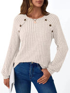 Ribbed Knit Decor Button Long Sleeve T-Shirt - Charmdeals