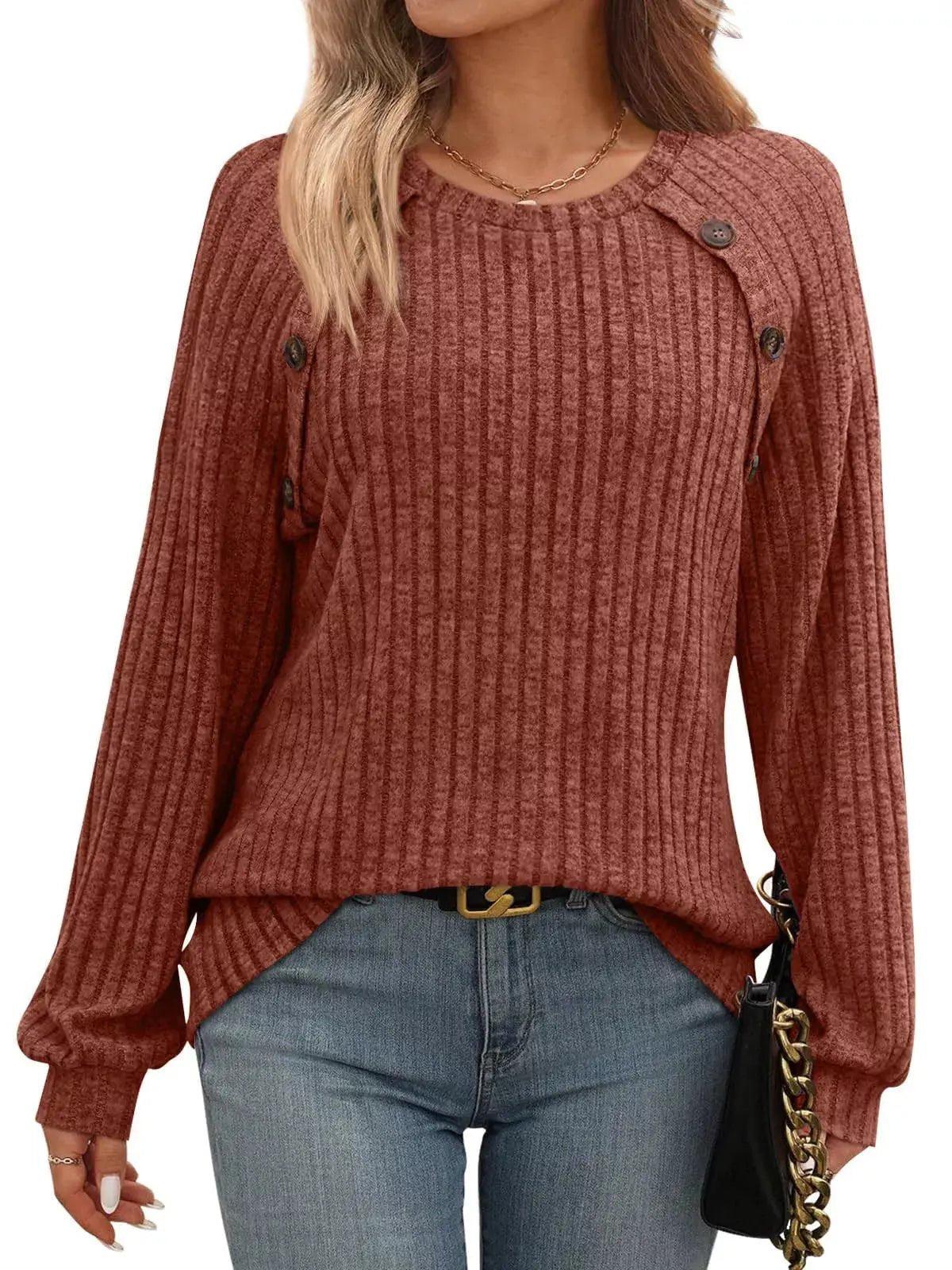 Ribbed Knit Decor Button Long Sleeve T-Shirt - Charmdeals