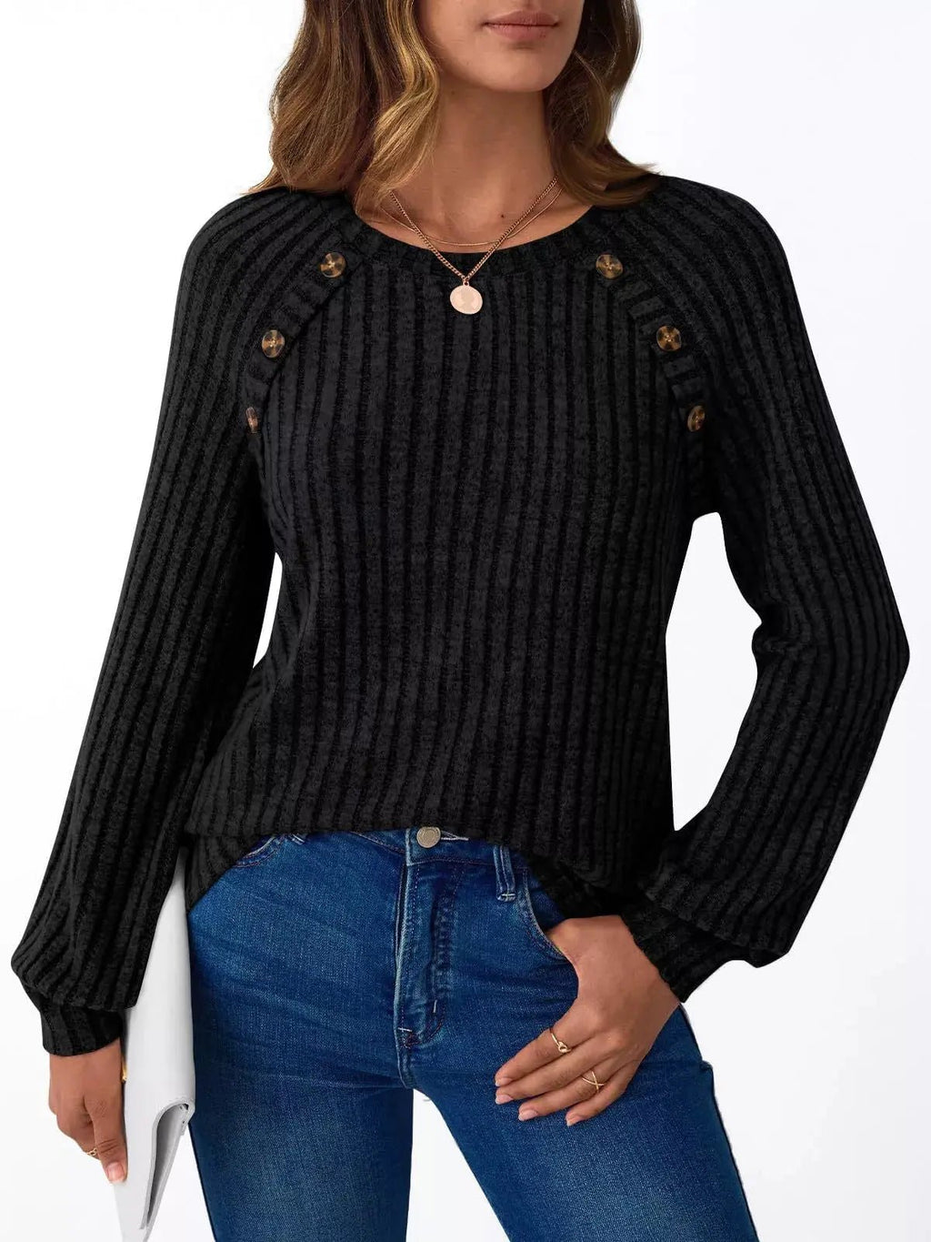 Ribbed Knit Decor Button Long Sleeve T-Shirt - Charmdeals