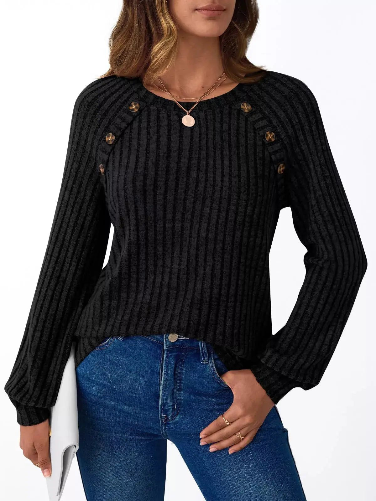 Ribbed Knit Decor Button Long Sleeve T-Shirt - Charmdeals