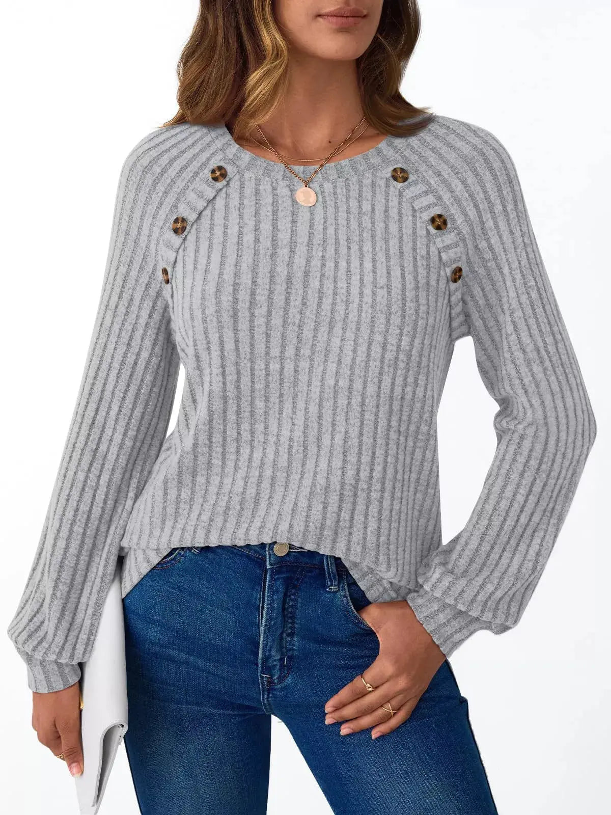 Ribbed Knit Decor Button Long Sleeve T-Shirt - Charmdeals