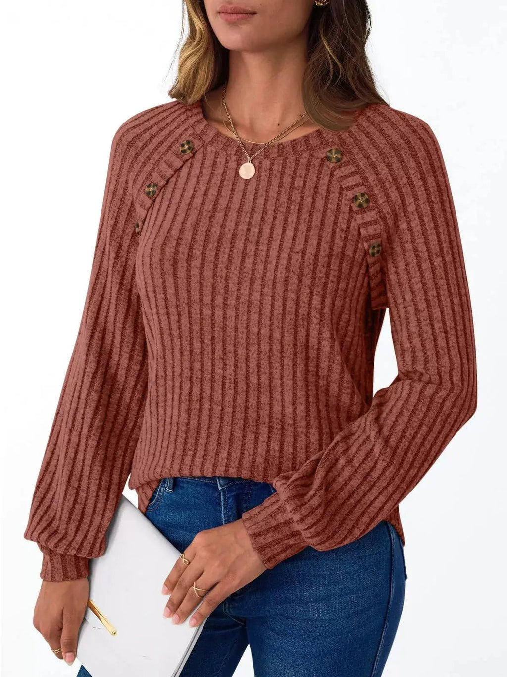 Ribbed Knit Decor Button Long Sleeve T-Shirt - Charmdeals
