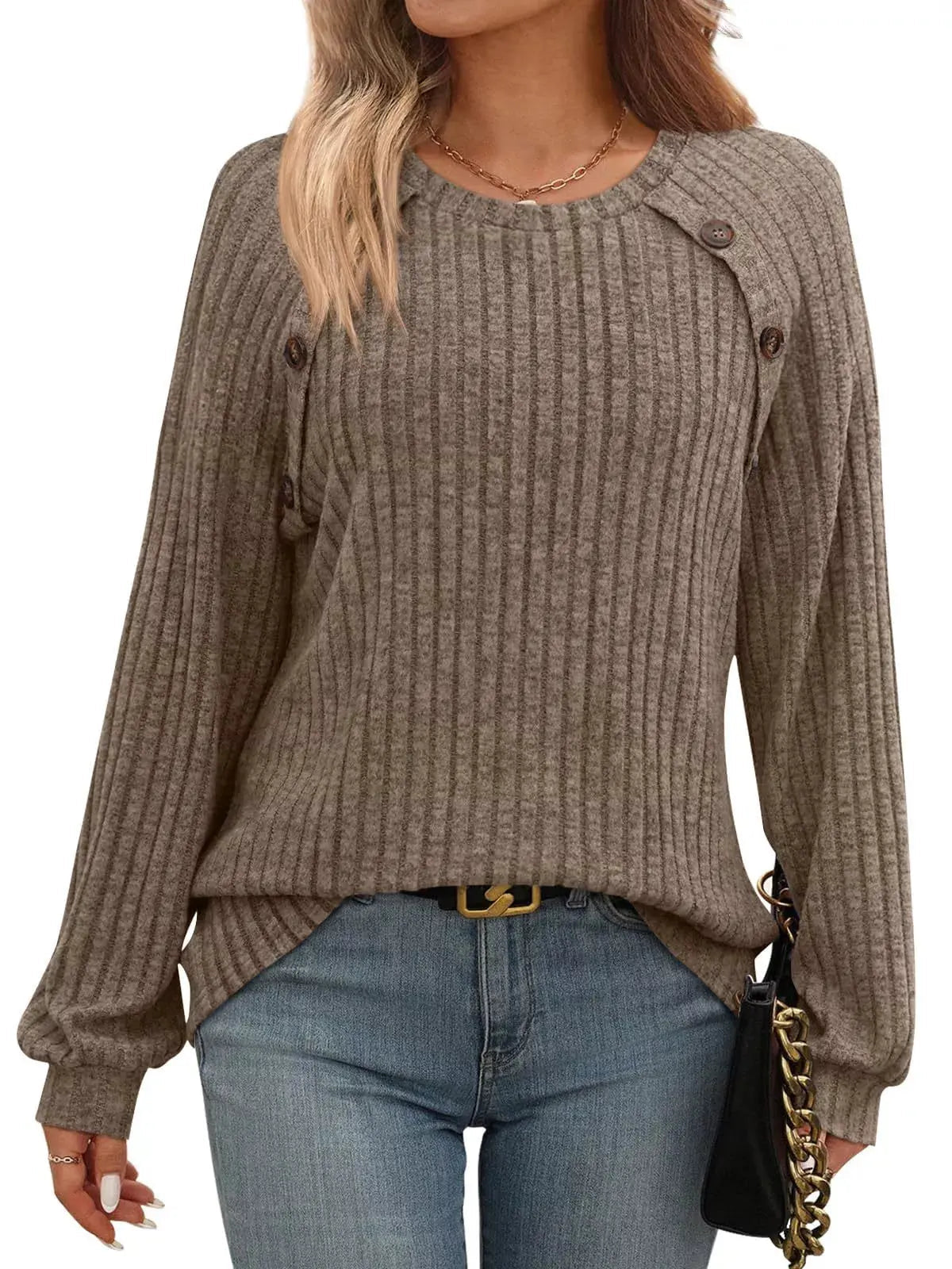 Ribbed Knit Decor Button Long Sleeve T-Shirt - Charmdeals