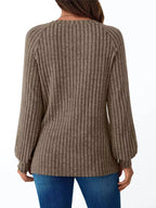 Ribbed Knit Decor Button Long Sleeve T-Shirt - Charmdeals