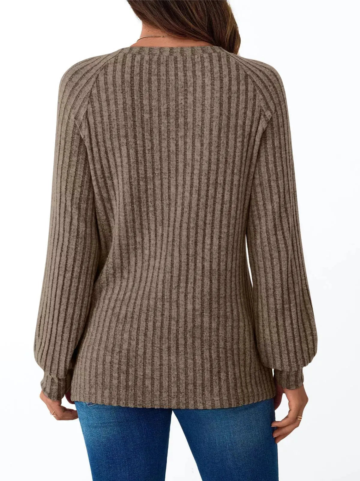 Ribbed Knit Decor Button Long Sleeve T-Shirt - Charmdeals