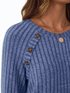 Ribbed Knit Decor Button Long Sleeve T-Shirt - Charmdeals
