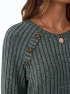 Ribbed Knit Decor Button Long Sleeve T-Shirt - Charmdeals