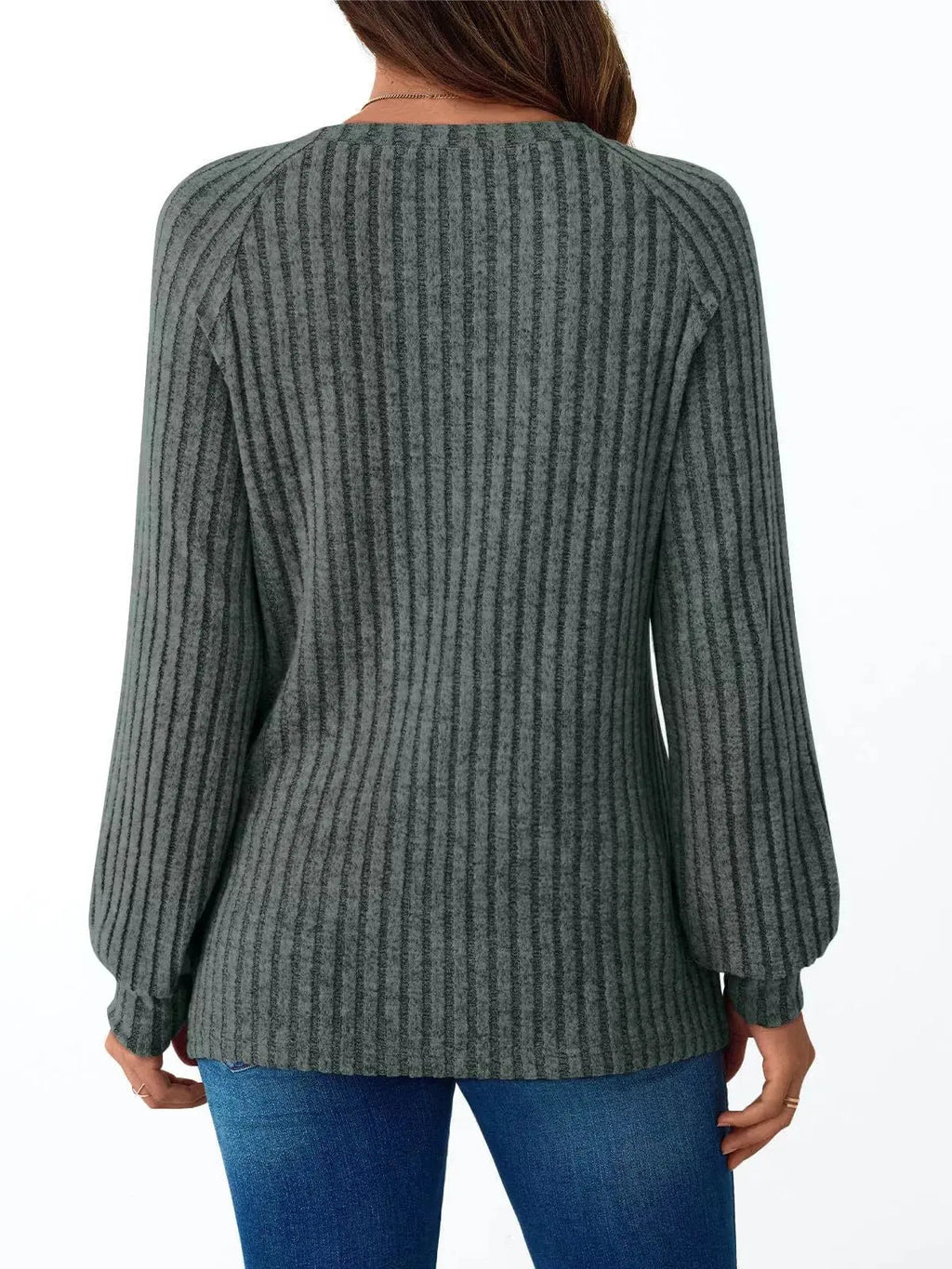 Ribbed Knit Decor Button Long Sleeve T-Shirt - Charmdeals