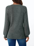 Ribbed Knit Decor Button Long Sleeve T-Shirt - Charmdeals
