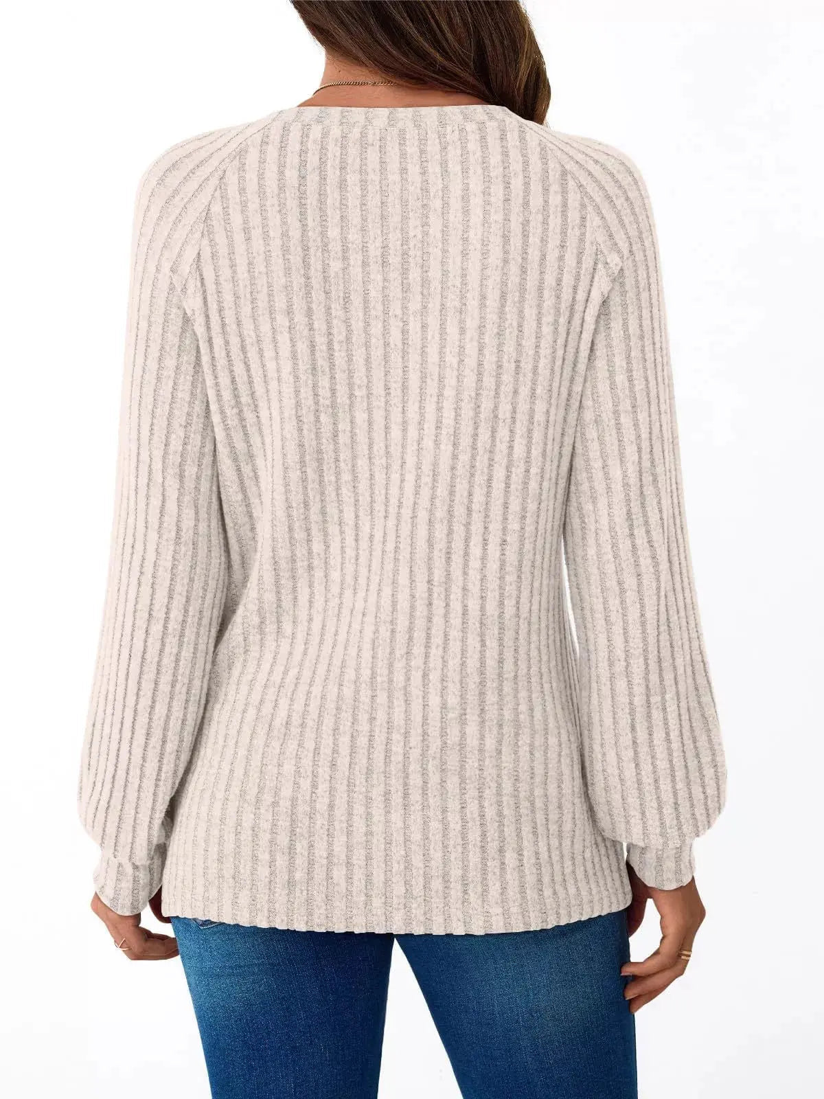 Ribbed Knit Decor Button Long Sleeve T-Shirt - Charmdeals