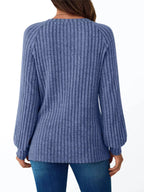 Ribbed Knit Decor Button Long Sleeve T-Shirt - Charmdeals