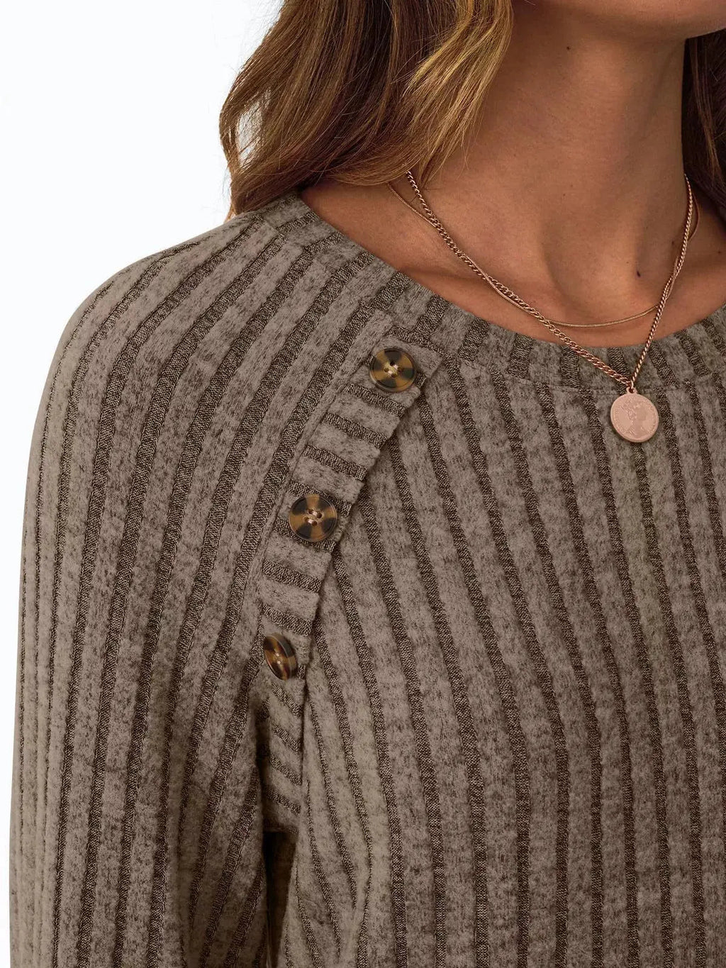 Ribbed Knit Decor Button Long Sleeve T-Shirt - Charmdeals