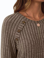 Ribbed Knit Decor Button Long Sleeve T-Shirt - Charmdeals