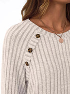 Ribbed Knit Decor Button Long Sleeve T-Shirt - Charmdeals