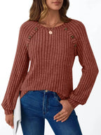 Ribbed Knit Decor Button Long Sleeve T-Shirt - Charmdeals