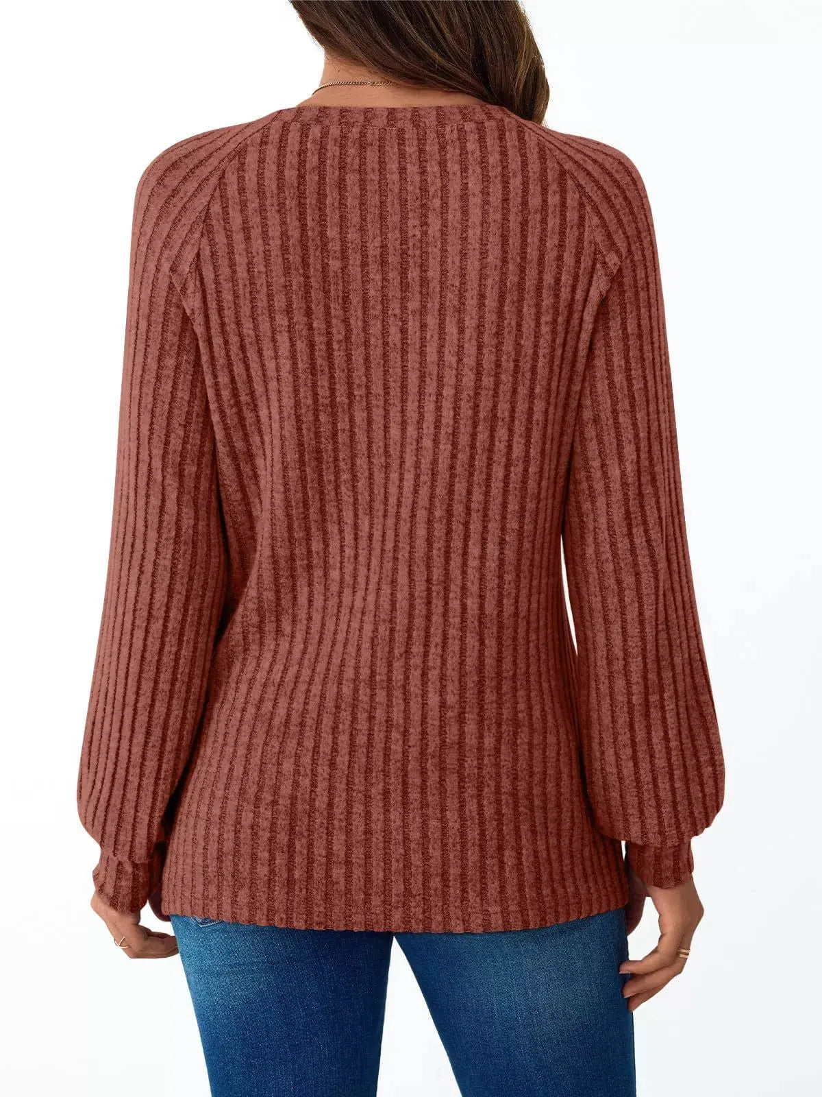 Ribbed Knit Decor Button Long Sleeve T-Shirt - Charmdeals
