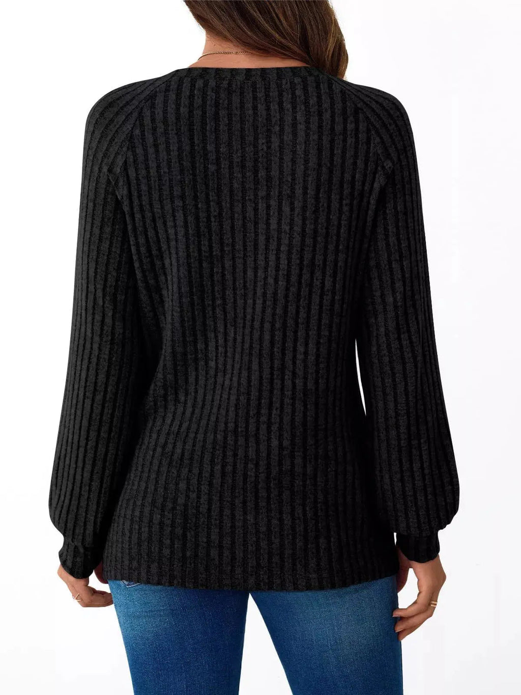 Ribbed Knit Decor Button Long Sleeve T-Shirt - Charmdeals