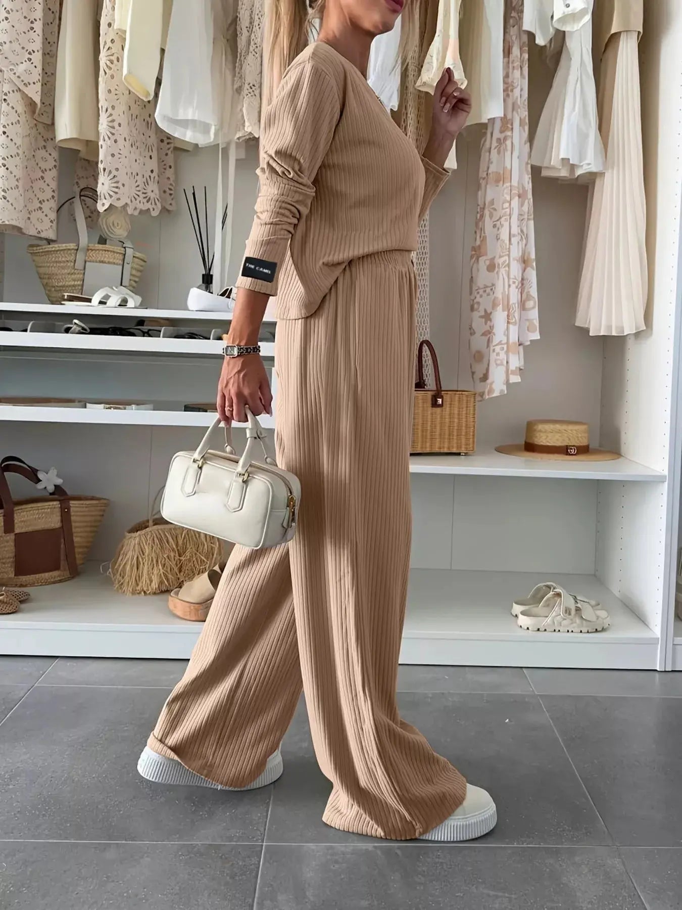 Ribbed Knit Round Neck Top and Pants Set - Charmdeals