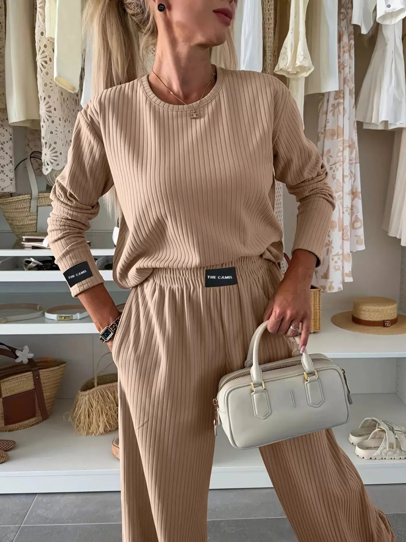 Ribbed Knit Round Neck Top and Pants Set - Charmdeals