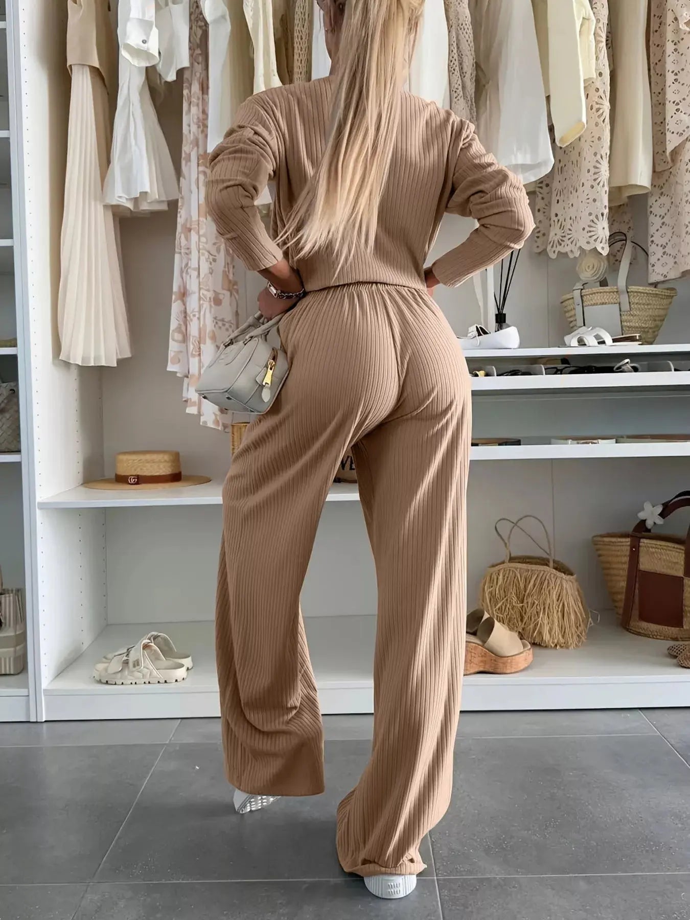 Ribbed Knit Round Neck Top and Pants Set - Charmdeals
