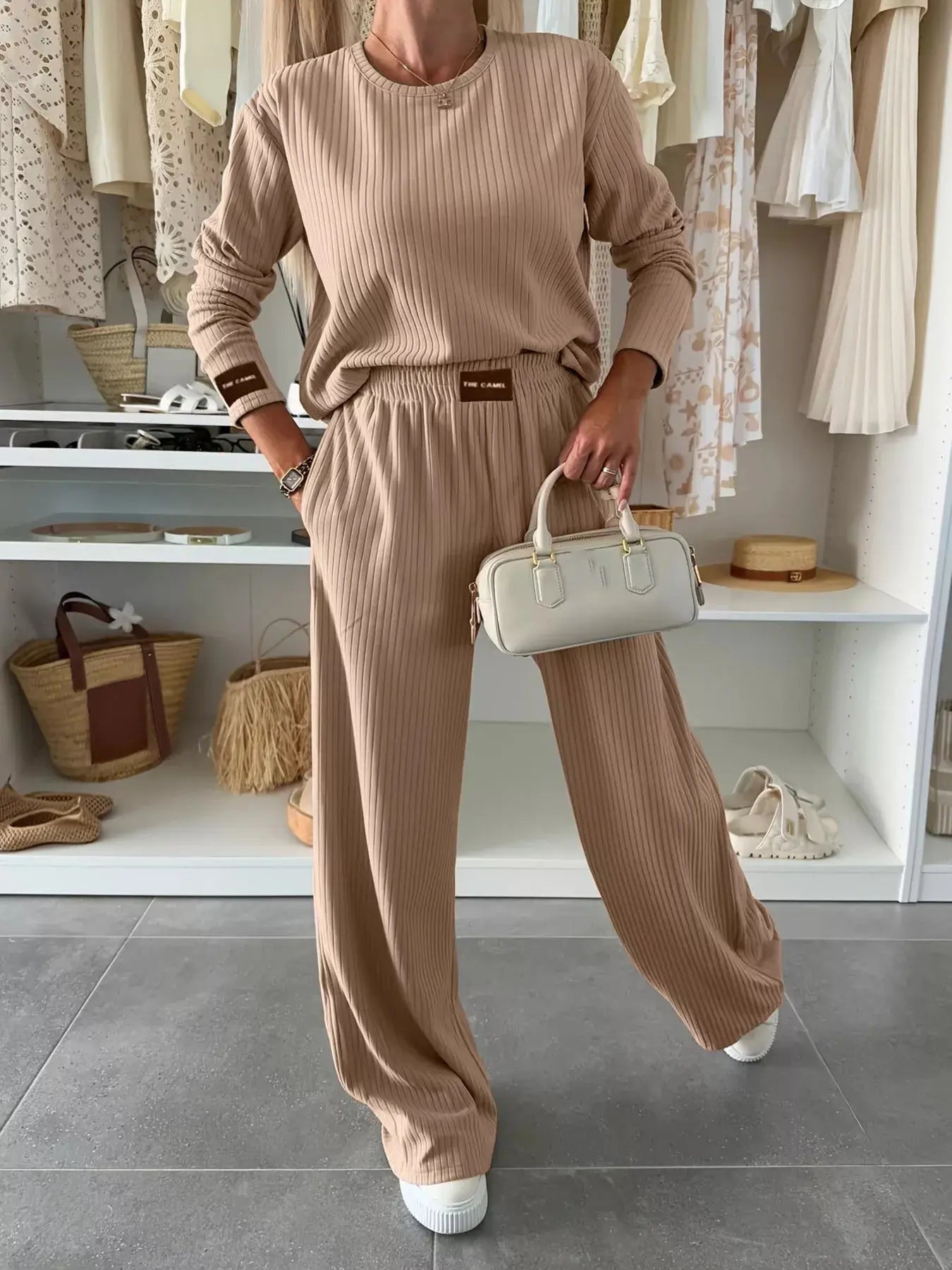 Ribbed Knit Round Neck Top and Pants Set - Charmdeals