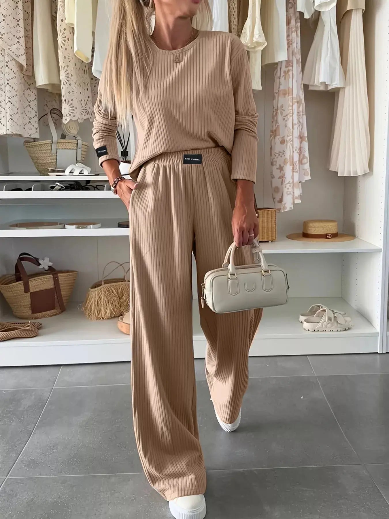 Ribbed Knit Round Neck Top and Pants Set - Charmdeals