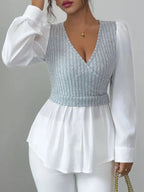 Ribbed Knit Splicing Contrast Long Sleeve Blouse - Charmdeals