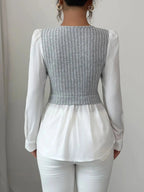 Ribbed Knit Splicing Contrast Long Sleeve Blouse - Charmdeals