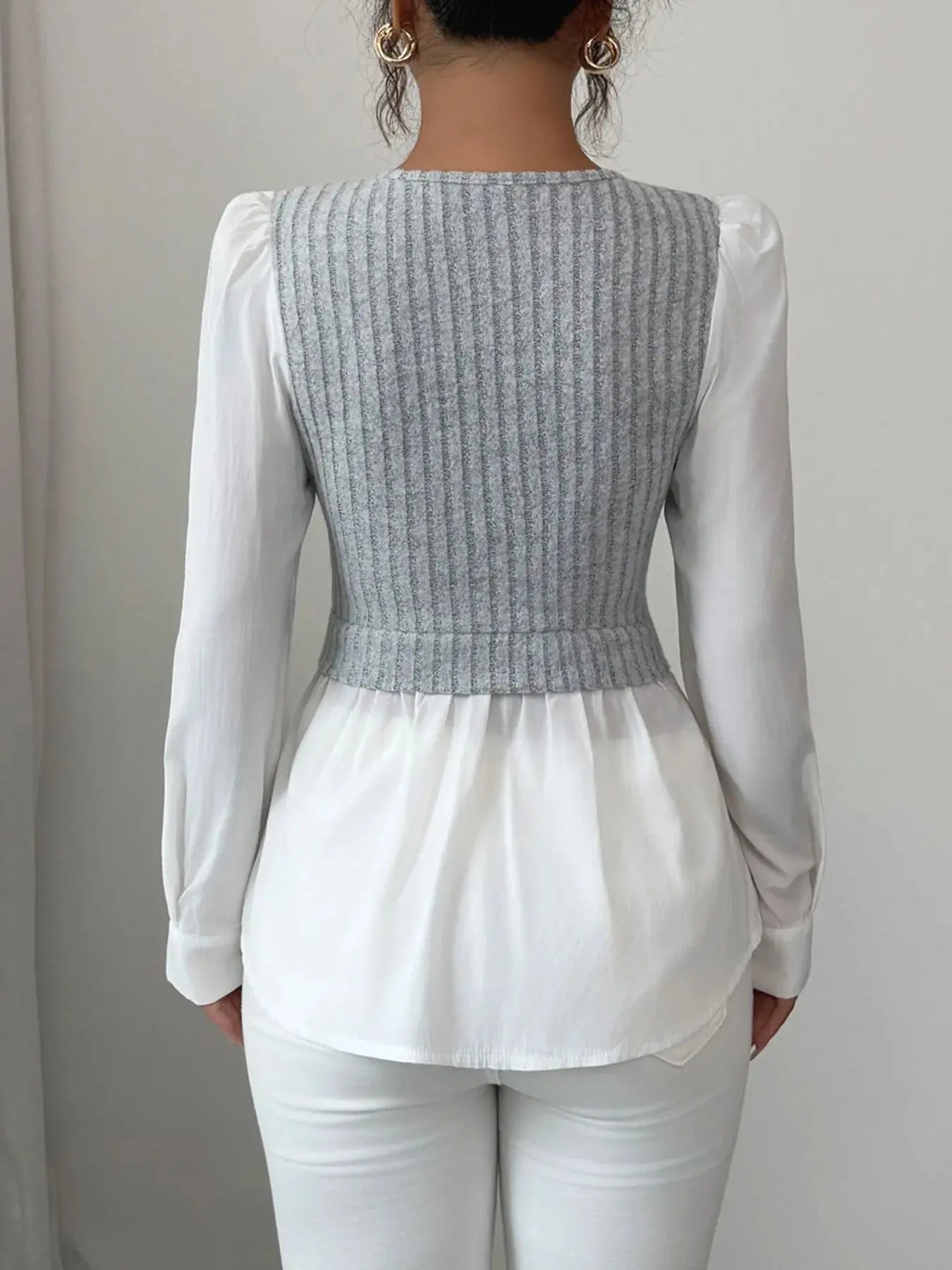 Ribbed Knit Splicing Contrast Long Sleeve Blouse - Charmdeals