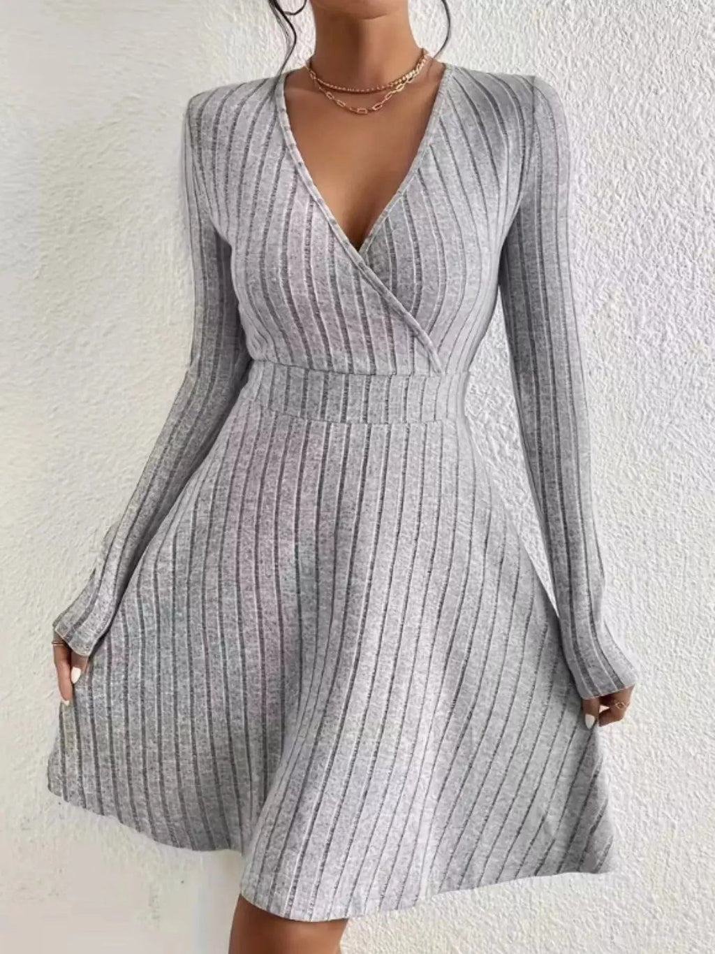 Ribbed Knit Wrap Mini Dress - Charmdeals