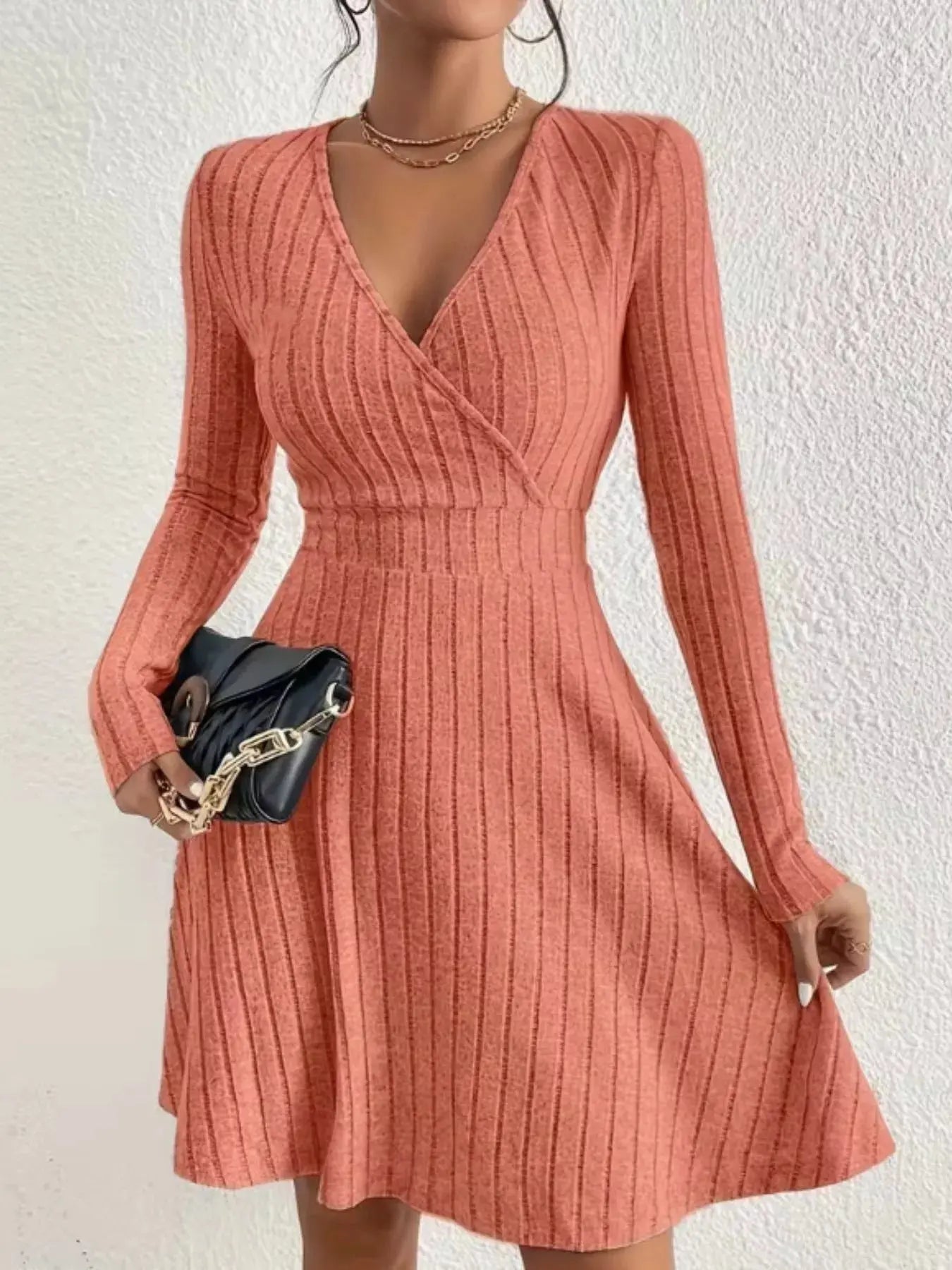 Ribbed Knit Wrap Mini Dress - Charmdeals