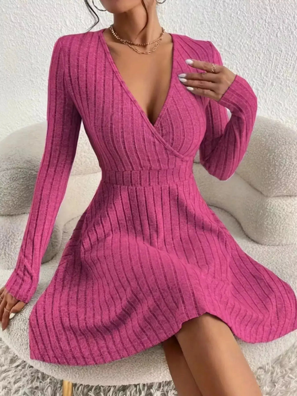 Ribbed Knit Wrap Mini Dress - Charmdeals