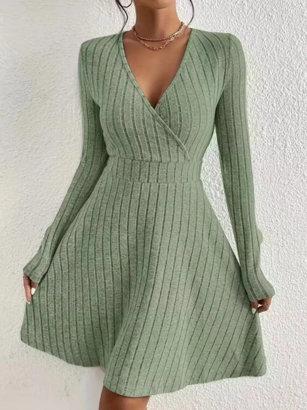Ribbed Knit Wrap Mini Dress - Charmdeals