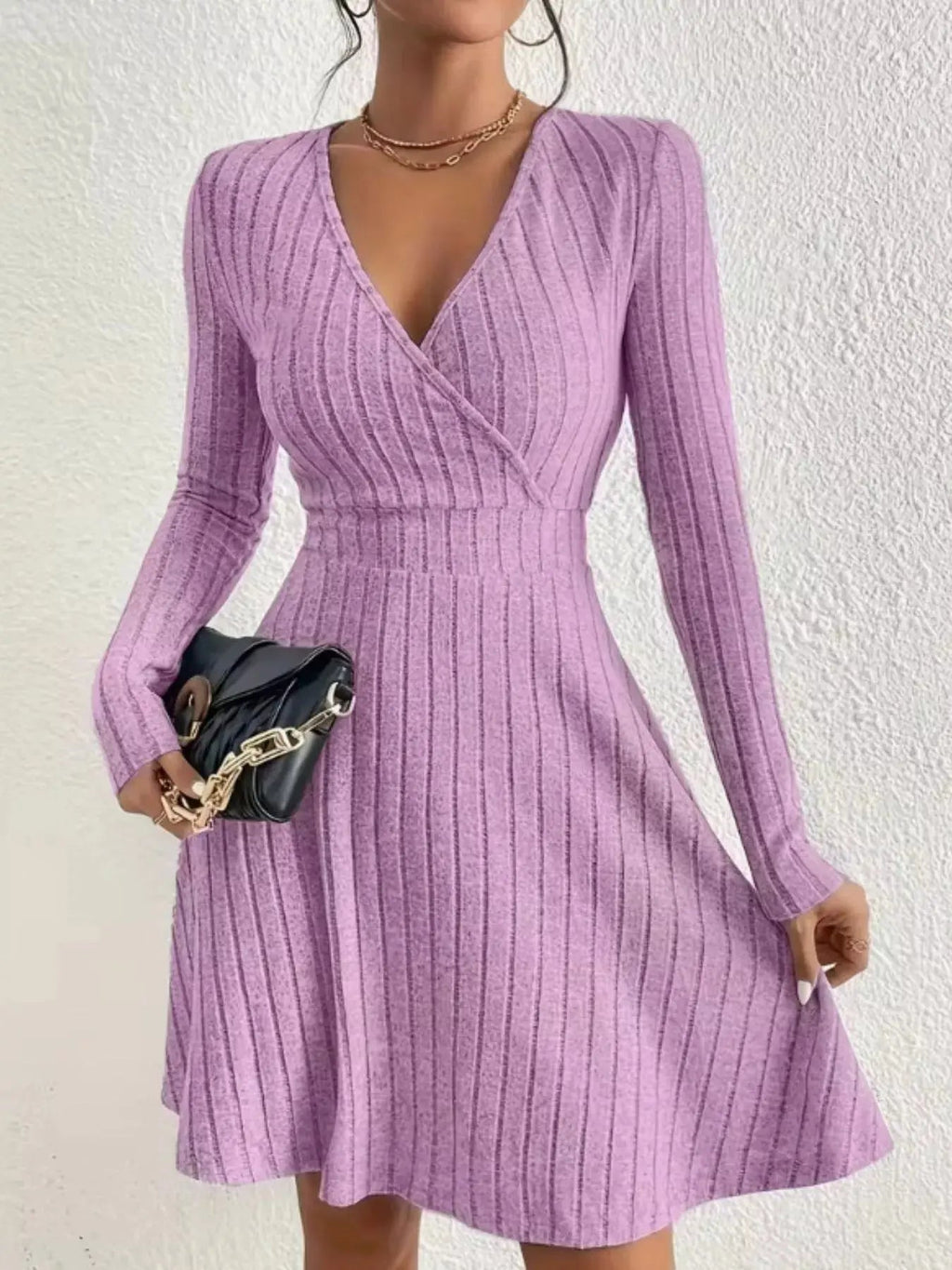 Ribbed Knit Wrap Mini Dress - Charmdeals