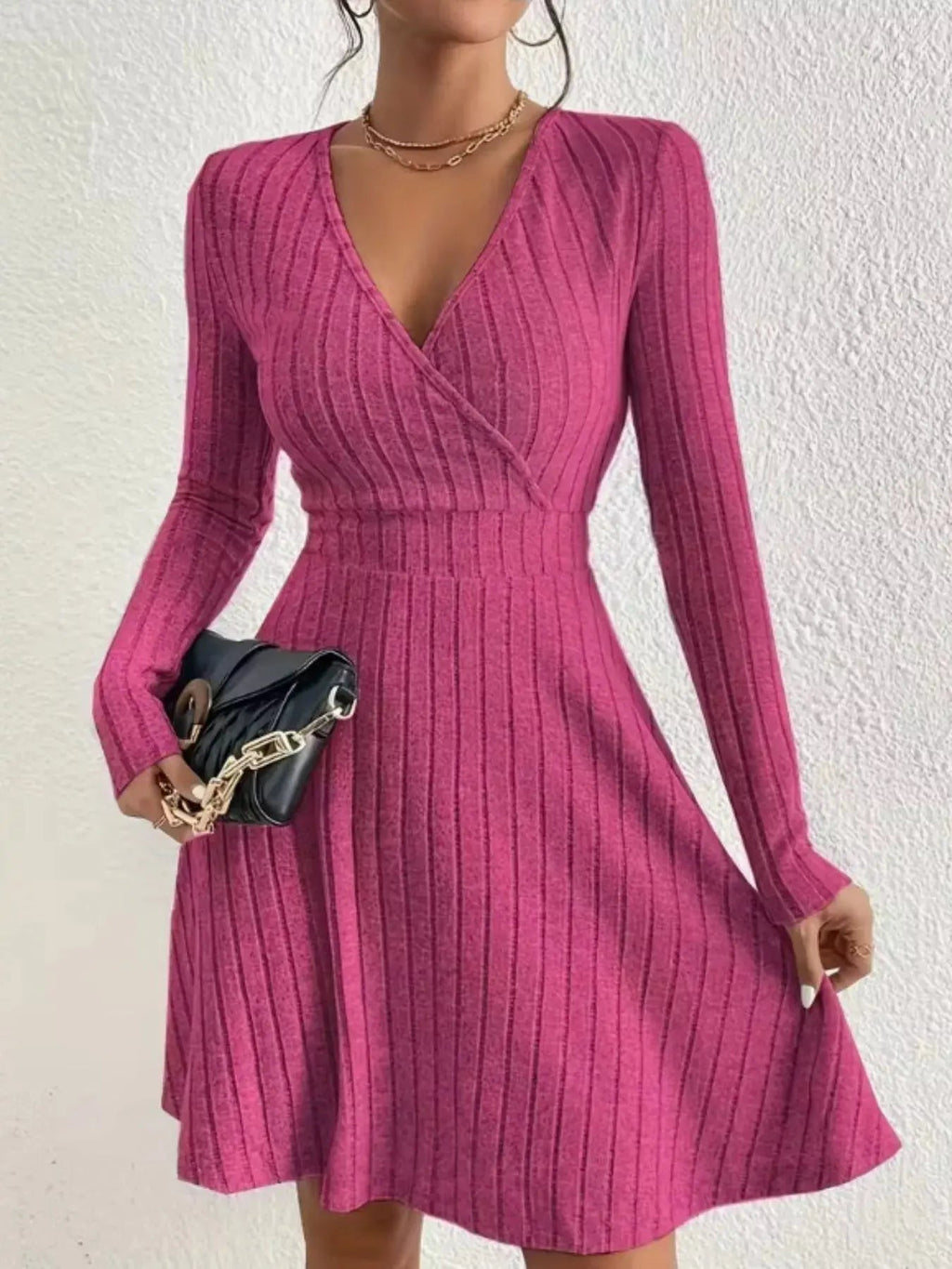 Ribbed Knit Wrap Mini Dress - Charmdeals