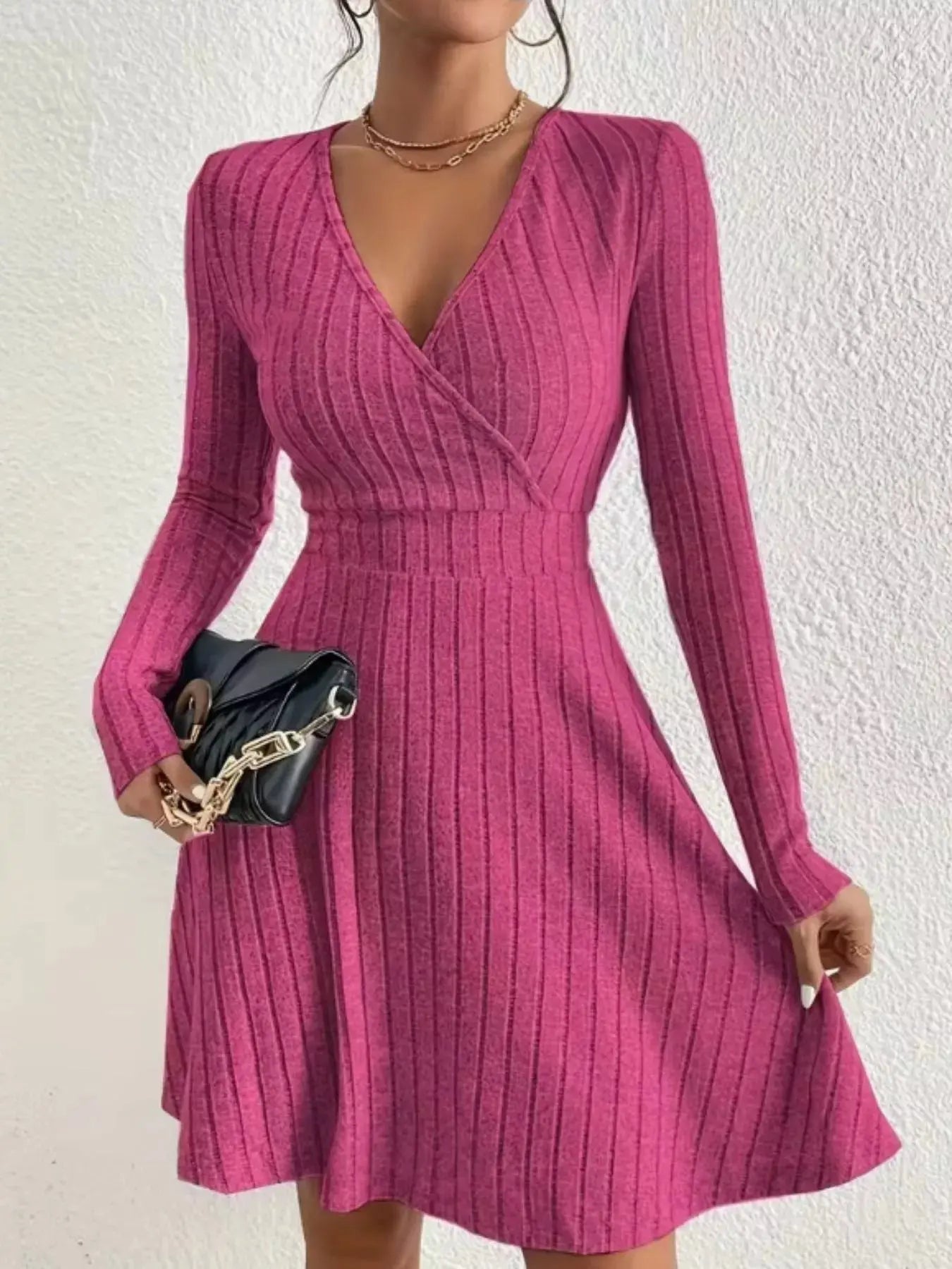 Ribbed Knit Wrap Mini Dress - Charmdeals