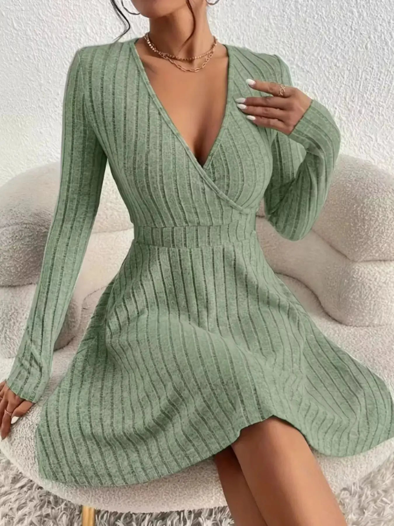 Ribbed Knit Wrap Mini Dress - Charmdeals