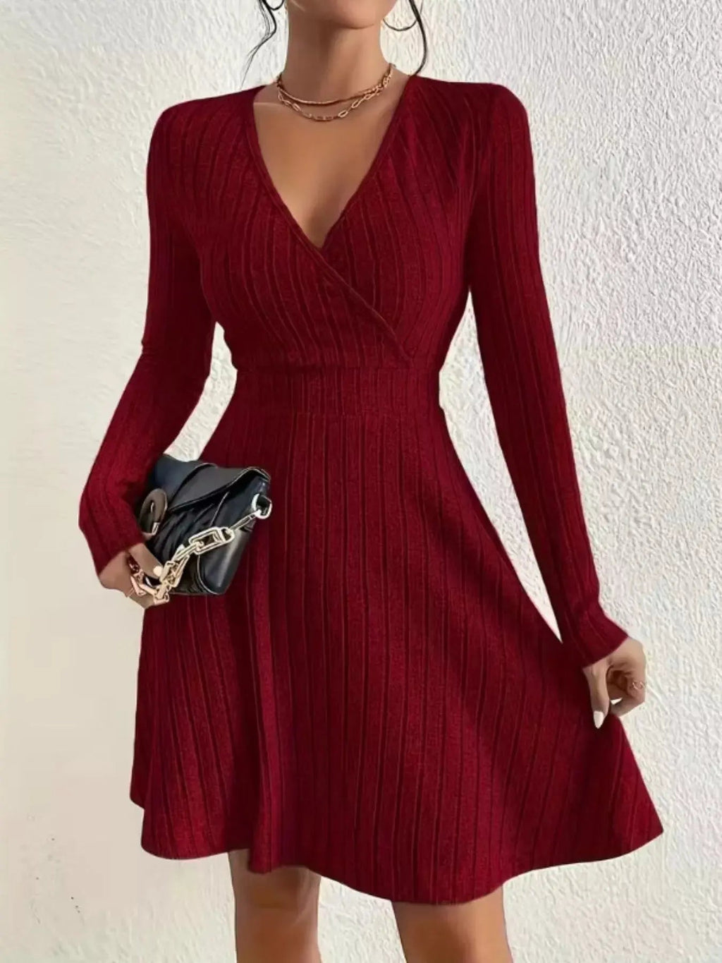 Ribbed Knit Wrap Mini Dress - Charmdeals