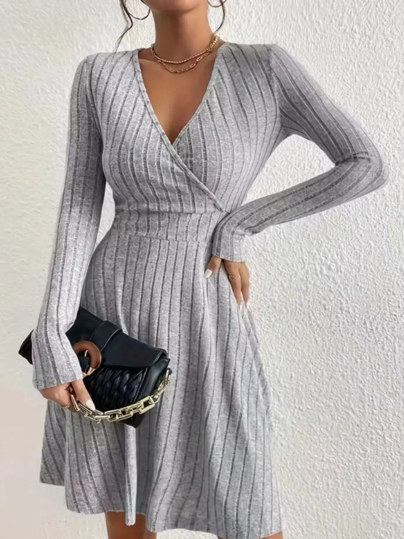 Ribbed Knit Wrap Mini Dress - Charmdeals