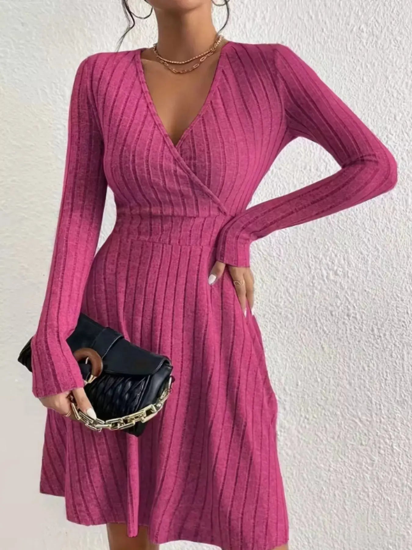 Ribbed Knit Wrap Mini Dress - Charmdeals