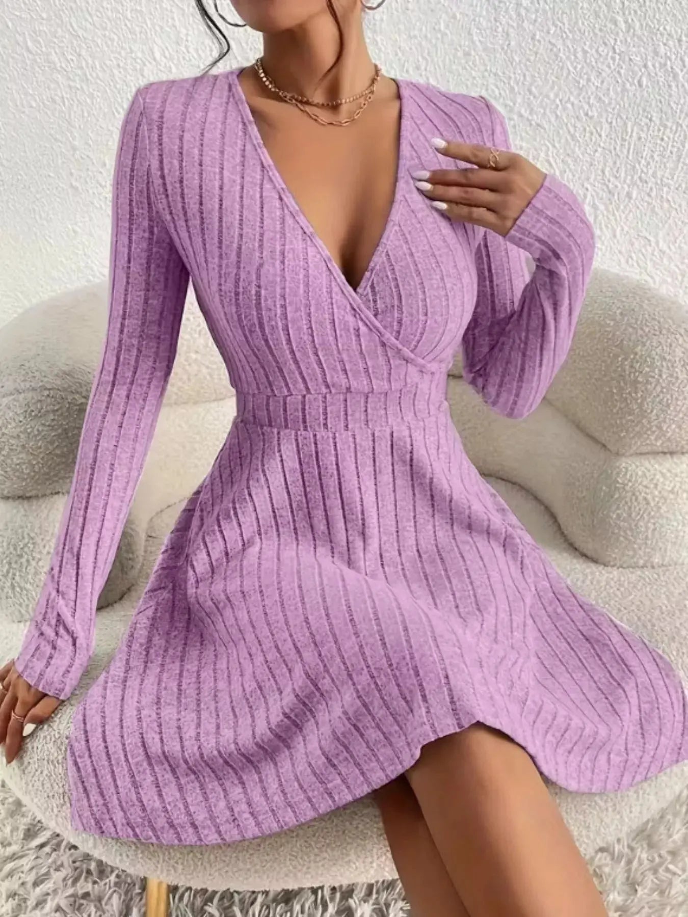Ribbed Knit Wrap Mini Dress - Charmdeals